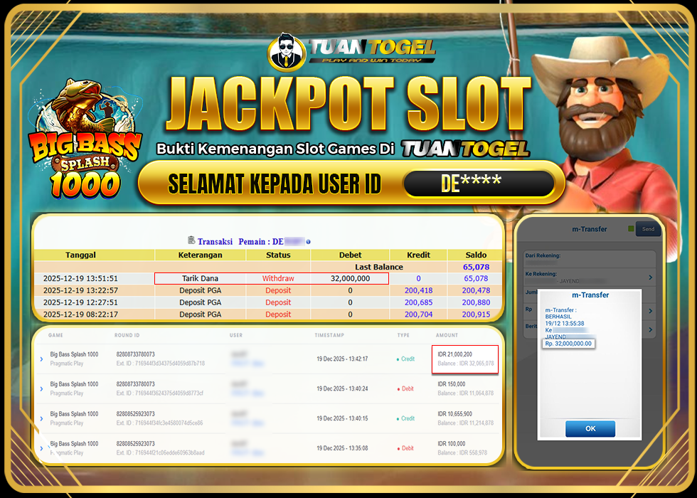 TUANTOGEL JACKPOT SLOT BIG BASS SPLASH 1000 Rp32.000.000,- LUNAS